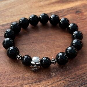 12mm Black Onyx Beaded Bracelet with Sterling Silver Skull Bead